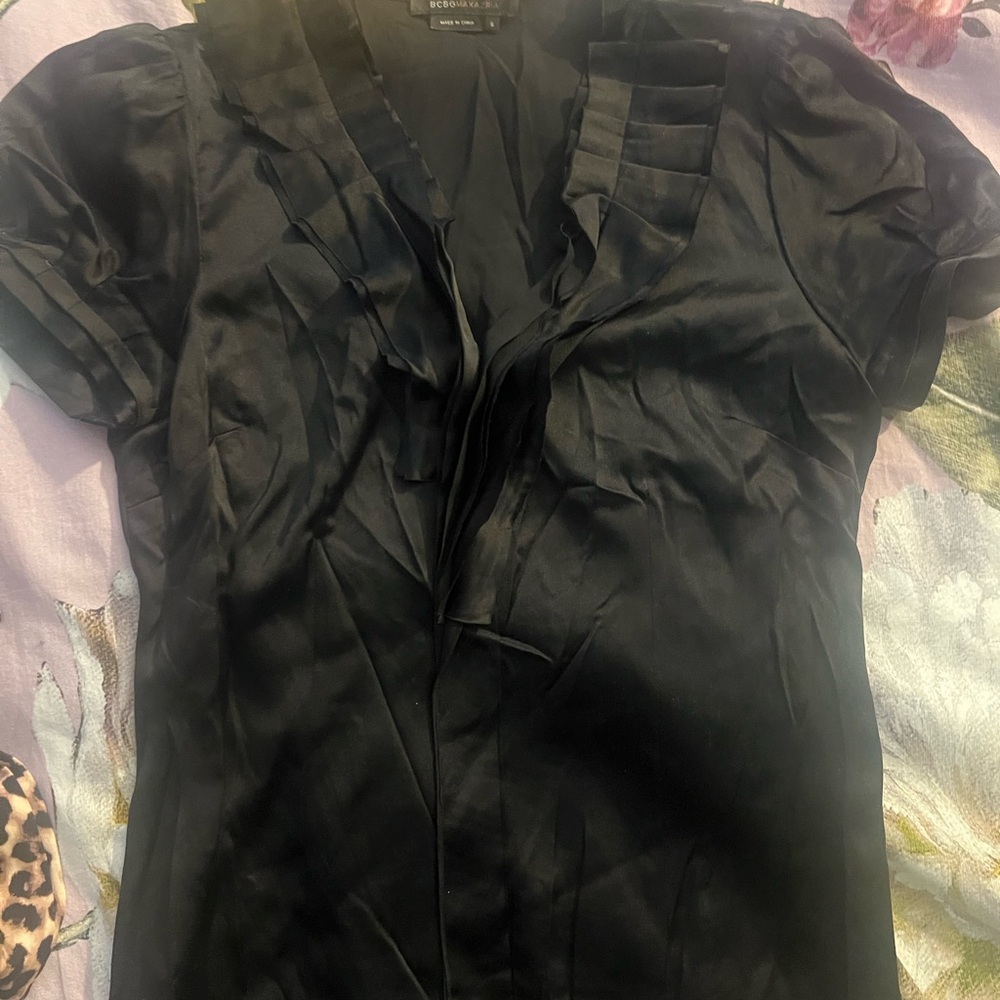 BCBGMaxAzria Silk Black Ruffled Blouse